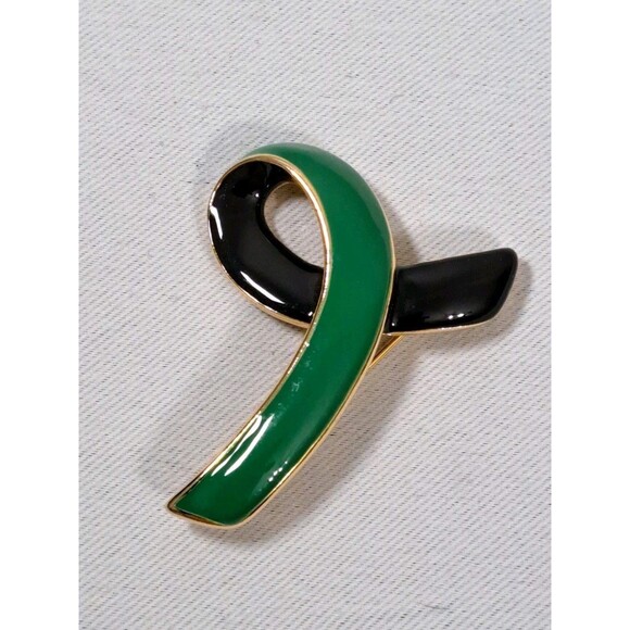 Green and Black Enamel Ribbon Lapel Pin Awareness Commemorative - Picture 2 of 4